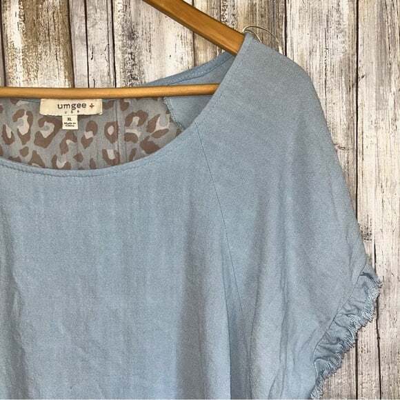 Umgee Blue & Chocolate Leopard Back Print Fringe Linen Blouse - Picture 2 of 5